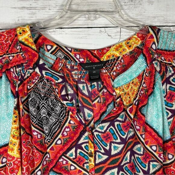 Investments ll Tunic Colorful Bright Smocked Neckline Button Placket Top 2X - Picture 3 of 8